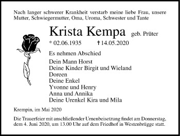 Traueranzeige von Krista Kempa von Ostsee-Zeitung GmbH
