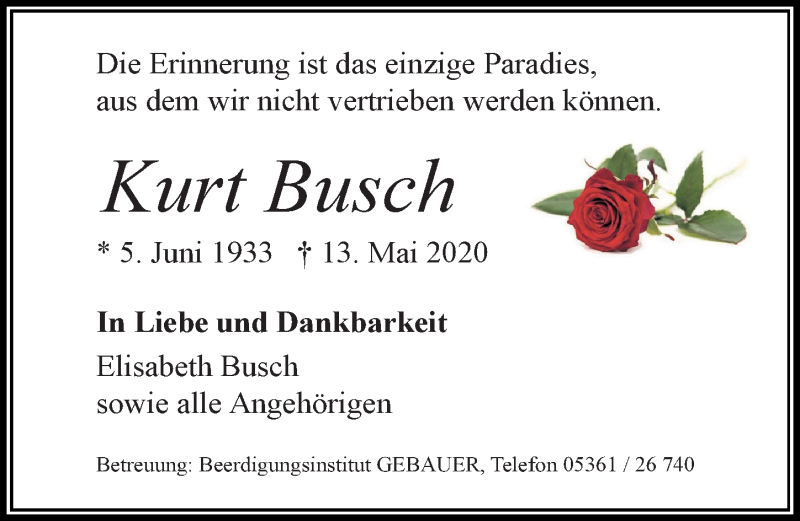  Traueranzeige für Kurt Busch vom 23.05.2020 aus Aller Zeitung