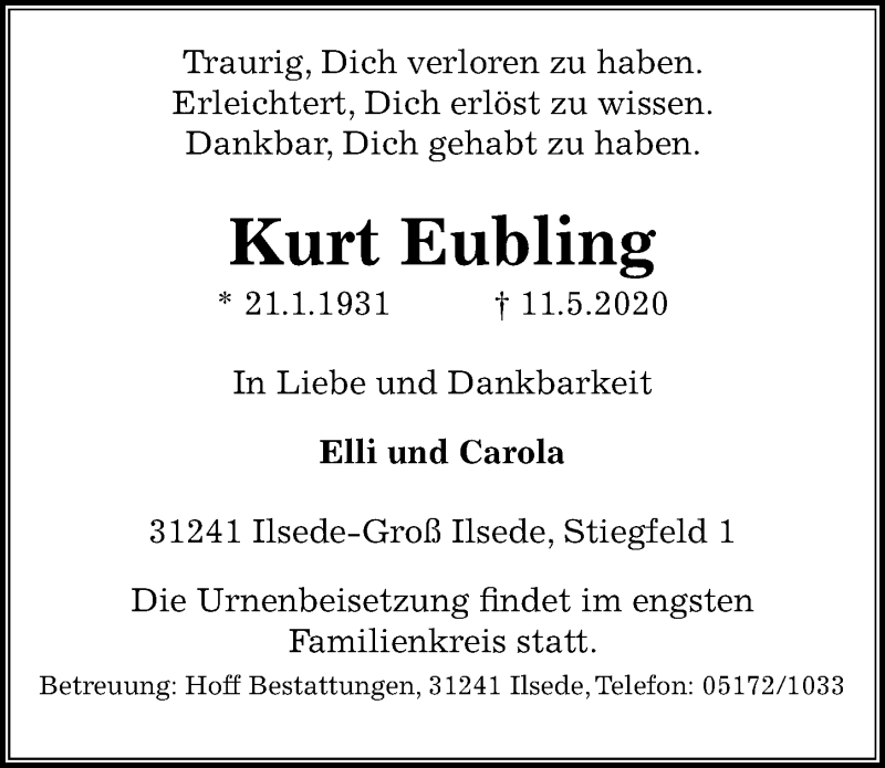  Traueranzeige für Kurt Eubling vom 16.05.2020 aus Peiner Allgemeine Zeitung