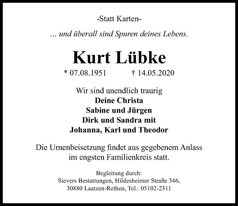  Traueranzeige für Kurt Lübke vom 23.05.2020 aus Hannoversche Allgemeine Zeitung/Neue Presse