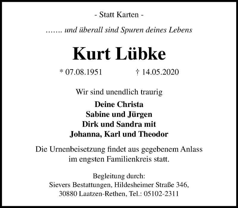  Traueranzeige für Kurt Lübke vom 23.05.2020 aus Schaumburger Nachrichten