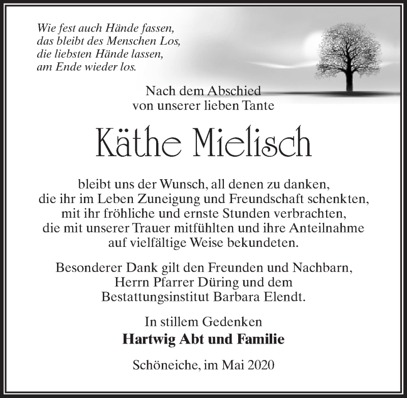  Traueranzeige für Käthe Mielisch vom 30.05.2020 aus Märkischen Allgemeine Zeitung