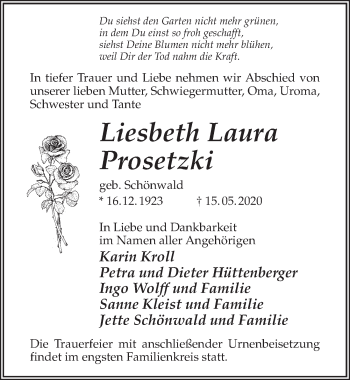 Traueranzeige von Liesbeth Laura Prosetzki von Märkischen Allgemeine Zeitung