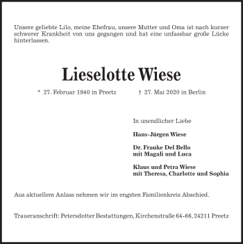 Traueranzeige von Lieselotte Wiese von Kieler Nachrichten