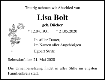 Traueranzeige von Lisa Bolt von Ostsee-Zeitung GmbH