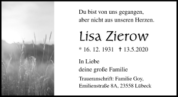 Traueranzeige von Lisa Zierow von Lübecker Nachrichten