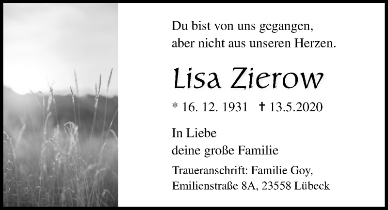  Traueranzeige für Lisa Zierow vom 24.05.2020 aus Lübecker Nachrichten