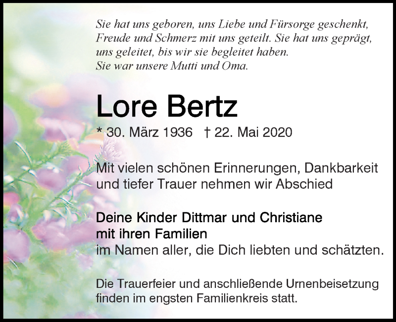  Traueranzeige für Lore Bertz vom 30.05.2020 aus Märkischen Allgemeine Zeitung