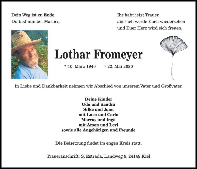  Traueranzeige für Lothar Fromeyer vom 30.05.2020 aus Kieler Nachrichten