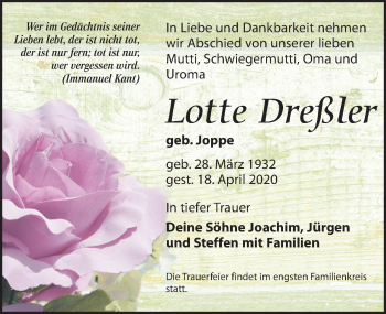 Traueranzeige von Lotte Dreßler von Leipziger Volkszeitung