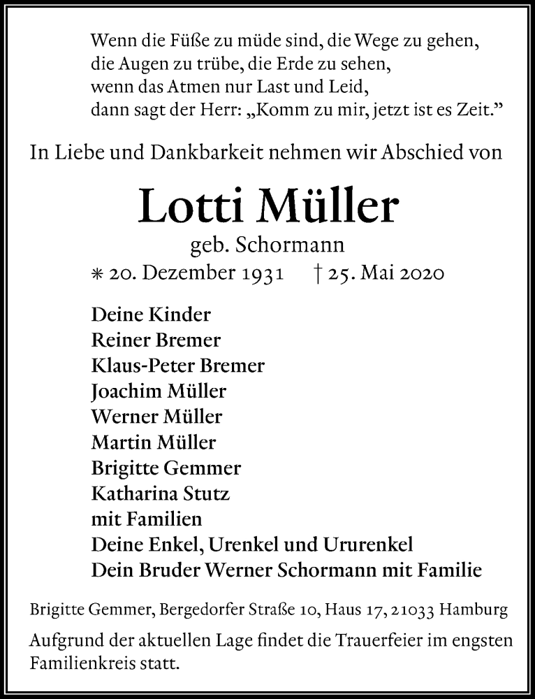  Traueranzeige für Lotti Müller vom 30.05.2020 aus Göttinger Tageblatt