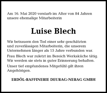 Traueranzeige von Luise Blech von Hannoversche Allgemeine Zeitung/Neue Presse