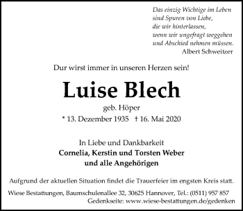 Traueranzeige von Luise Blech von Hannoversche Allgemeine Zeitung/Neue Presse
