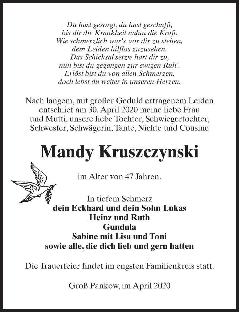  Traueranzeige für Mandy Kruszczynski vom 06.05.2020 aus Märkischen Allgemeine Zeitung
