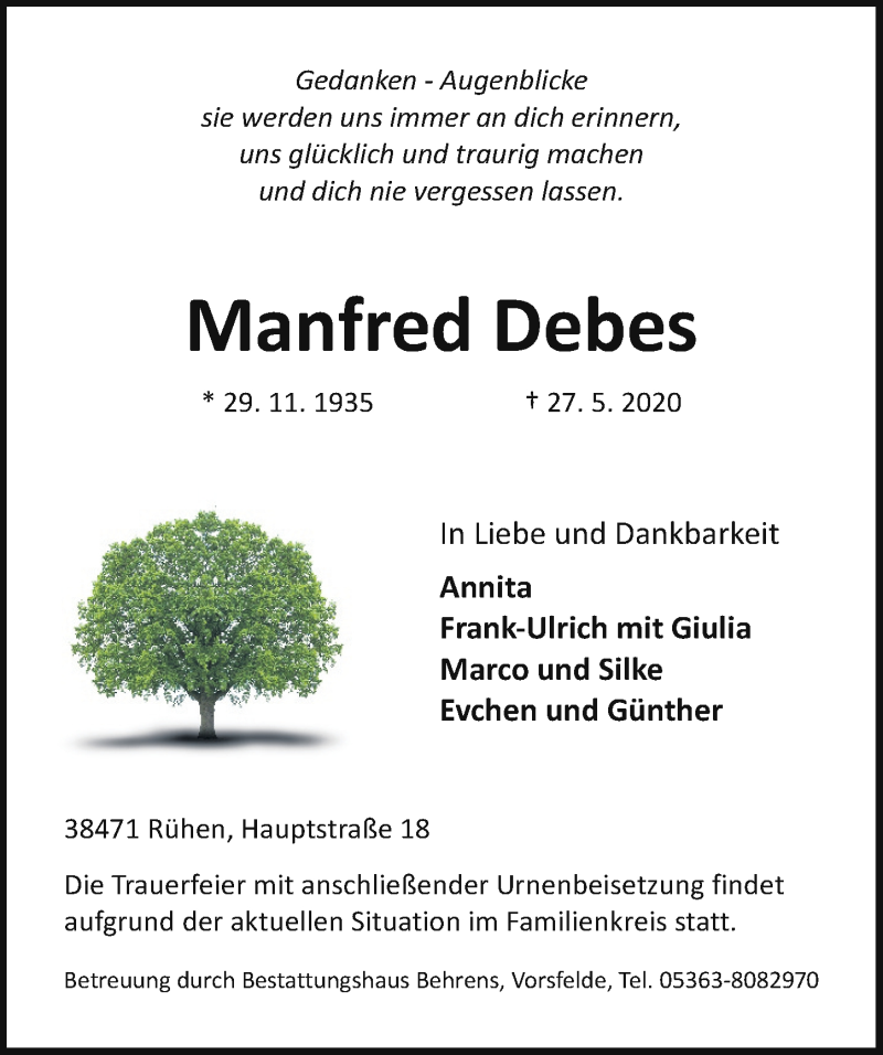  Traueranzeige für Manfred Debes vom 30.05.2020 aus Aller Zeitung