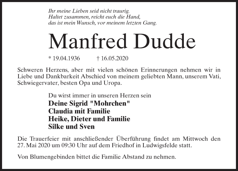  Traueranzeige für Manfred Dudde vom 23.05.2020 aus Märkischen Allgemeine Zeitung