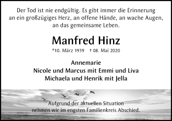 Traueranzeige von Manfred Hinz von Lübecker Nachrichten