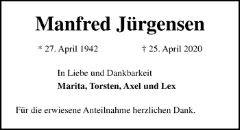 Traueranzeige von Manfred Jürgensen von Lübecker Nachrichten
