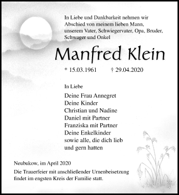 Traueranzeige von Manfred Klein von Ostsee-Zeitung GmbH