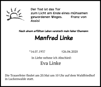 Traueranzeige von Manfred Linke von Märkischen Allgemeine Zeitung