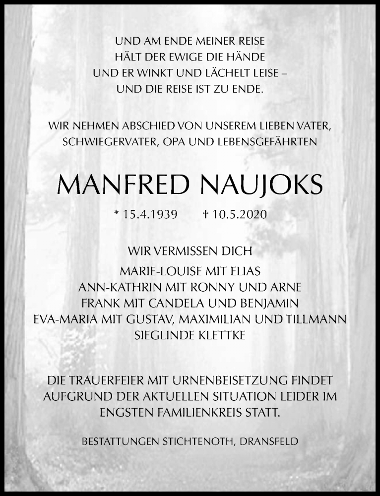  Traueranzeige für Manfred Naujoks vom 16.05.2020 aus Göttinger Tageblatt