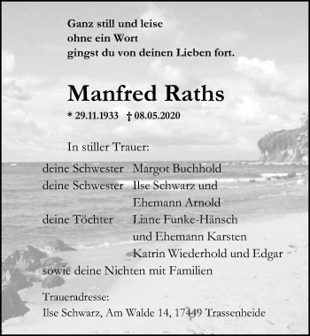 Traueranzeige von Manfred Raths von Ostsee-Zeitung GmbH