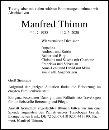 Traueranzeige von Manfred Thimm von Lübecker Nachrichten