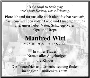 Traueranzeige von Manfred Witt von Ostsee-Zeitung GmbH