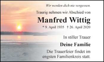Traueranzeige von Manfred Wittig von Ostsee-Zeitung GmbH