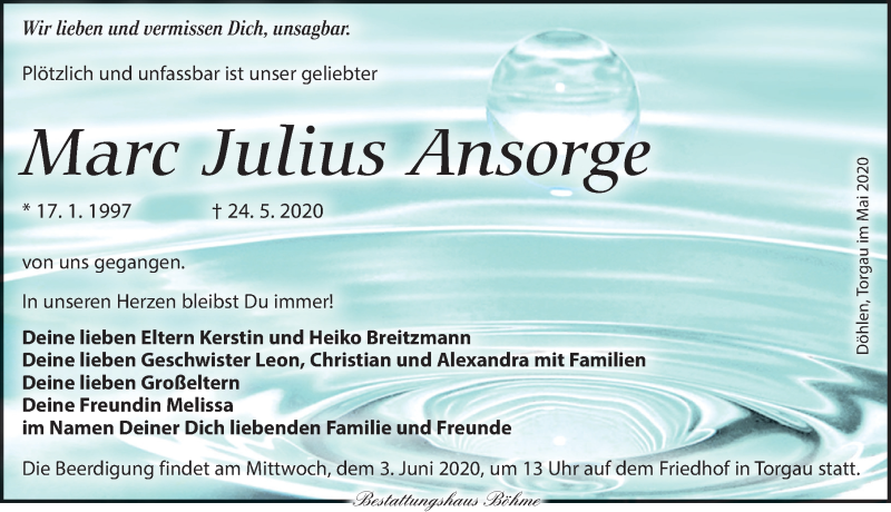  Traueranzeige für Marc Julius Ansorge vom 30.05.2020 aus Torgauer Zeitung
