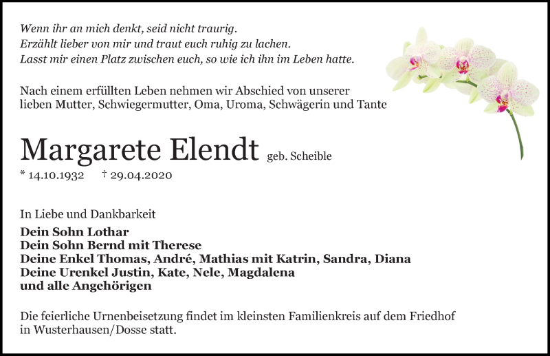  Traueranzeige für Margarete Elendt vom 09.05.2020 aus Märkischen Allgemeine Zeitung