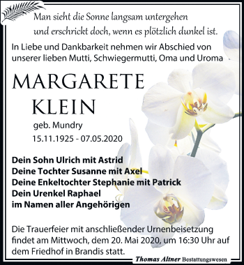 Traueranzeige von Margarete Klein von Leipziger Volkszeitung