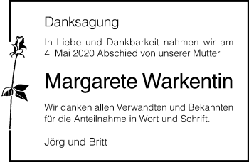 Traueranzeige von Margarete Warkentin von Ostsee-Zeitung GmbH
