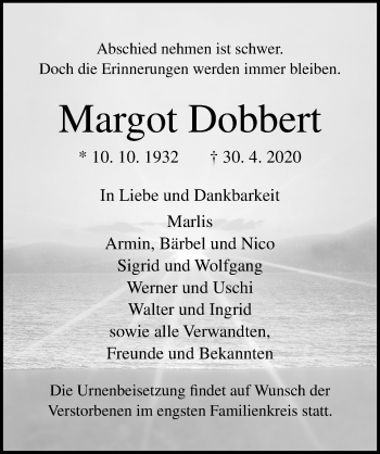 Traueranzeige von Margot Dobbert von Ostsee-Zeitung GmbH