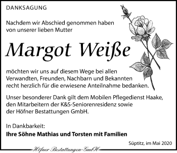 Traueranzeige von Margot Weiße von Torgauer Zeitung