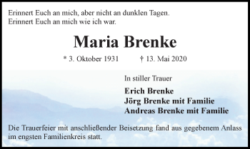 Traueranzeige von Maria Brenke von Hannoversche Allgemeine Zeitung/Neue Presse