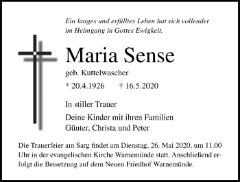 Traueranzeige von Maria Sense von Ostsee-Zeitung GmbH
