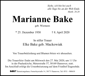 Traueranzeige von Marianne Bake von Hannoversche Allgemeine Zeitung/Neue Presse