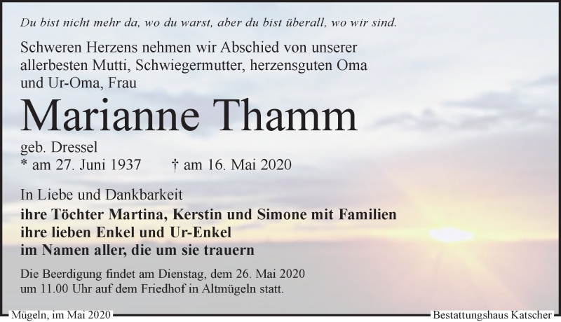  Traueranzeige für Marianne Thamm vom 23.05.2020 aus Leipziger Volkszeitung