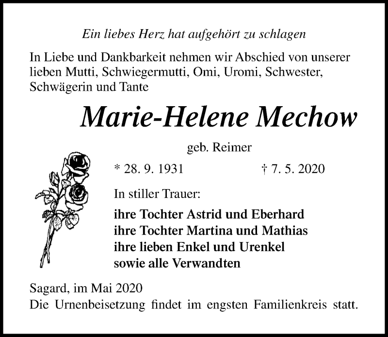  Traueranzeige für Marie-Helene Mechow vom 16.05.2020 aus Ostsee-Zeitung GmbH