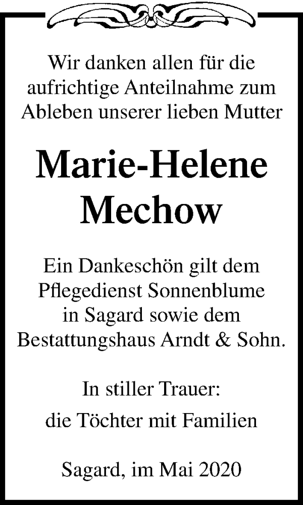  Traueranzeige für Marie-Helene Mechow vom 30.05.2020 aus Ostsee-Zeitung GmbH