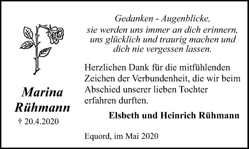  Traueranzeige für Marina Rühmann vom 30.05.2020 aus Peiner Allgemeine Zeitung