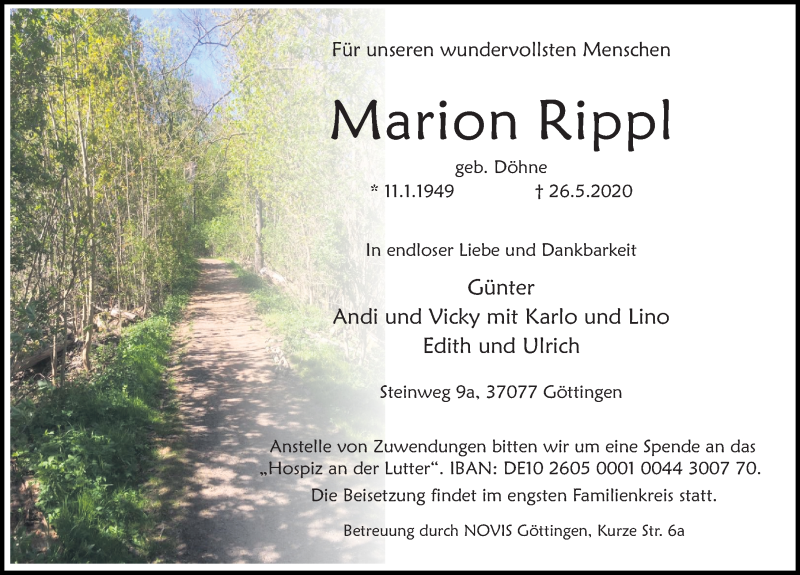  Traueranzeige für Marion Rippl vom 30.05.2020 aus Göttinger Tageblatt