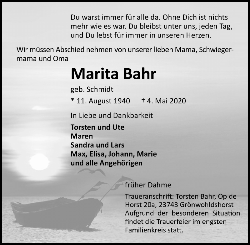  Traueranzeige für Marita Bahr vom 09.05.2020 aus Lübecker Nachrichten