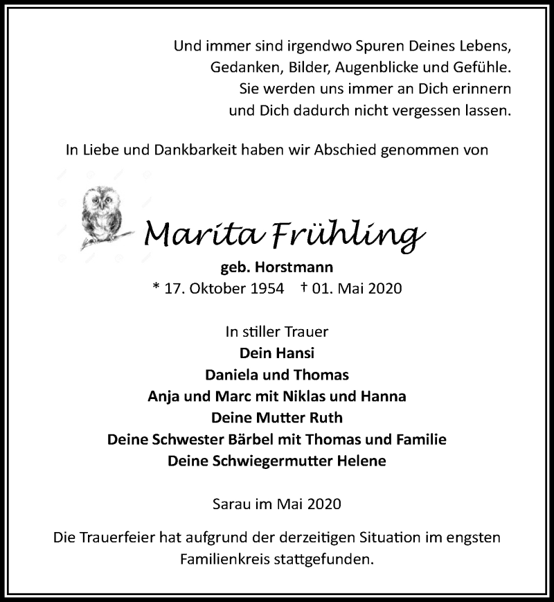  Traueranzeige für Marita Frühling vom 16.05.2020 aus Lübecker Nachrichten