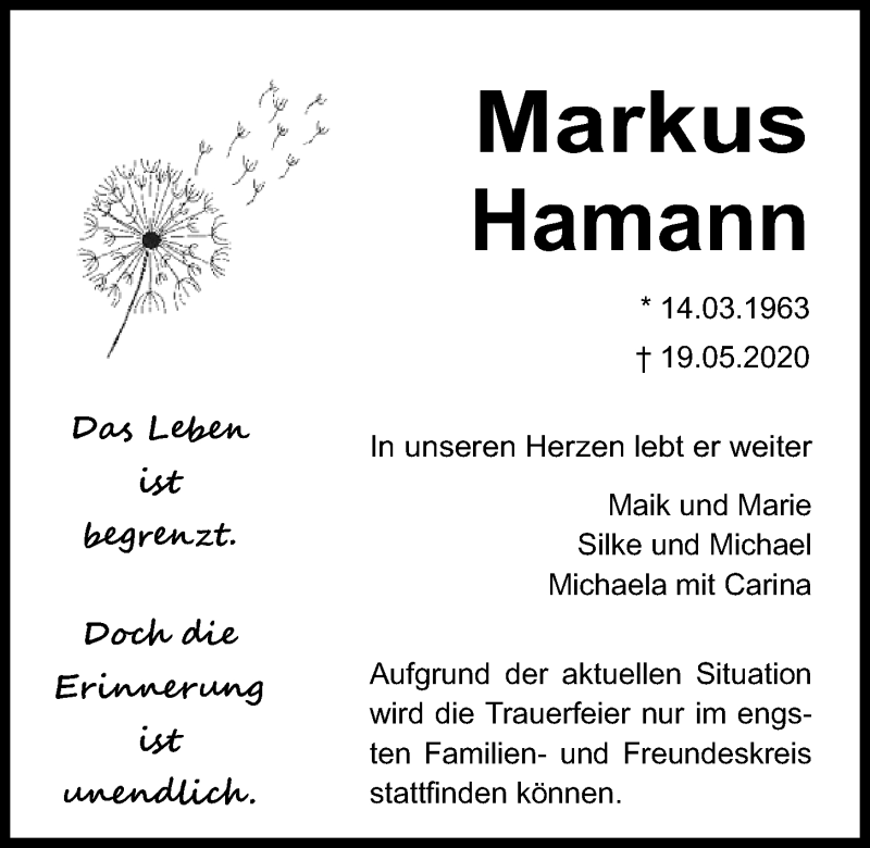  Traueranzeige für Markus Hamann vom 30.05.2020 aus Kieler Nachrichten
