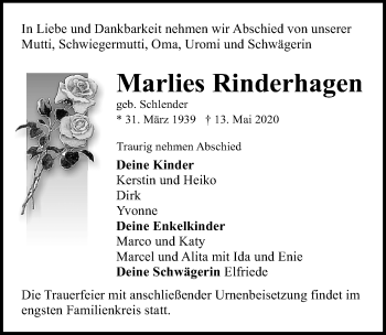 Traueranzeige von Marlies Rinderhagen von Ostsee-Zeitung GmbH