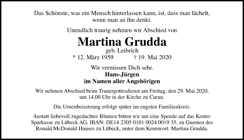  Traueranzeige für Martina Grudda vom 24.05.2020 aus Lübecker Nachrichten