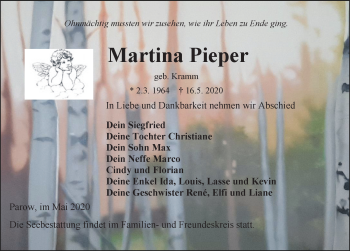 Traueranzeige von Martina Pieper von Ostsee-Zeitung GmbH