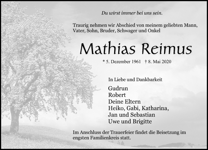  Traueranzeige für Mathias Reimus vom 23.05.2020 aus Ostsee-Zeitung GmbH
